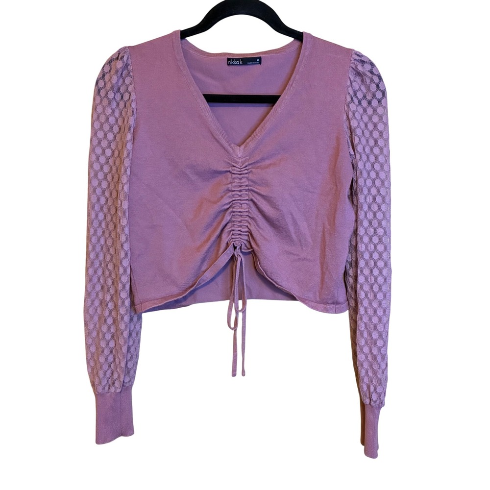 Nikka K Womens Top Medium Mauve V Neck Ruched Drawstring Long Lace Sleeve Coquet